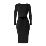 Cutout Scrunch Back Solid Long Sleeve Bodycon Dress