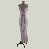 Striped Sequin Deep V Long Prom Dress