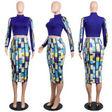 Women's Turtle Neck Print Dress Two-Piece Set Sexy Crop Top and Midi Skirt