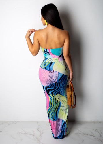 Abstract Print Strapless Twist Front Slinky Long Dress