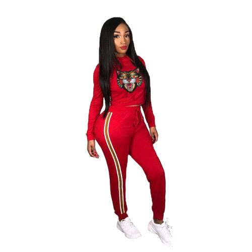 Red Tiger Print Hooded Sport Suit