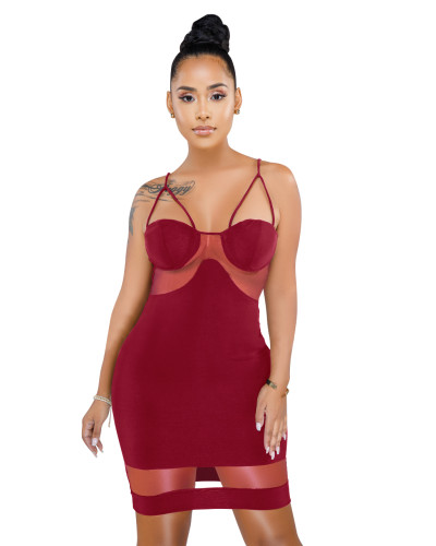 Solid Colored Strappy Mesh Insert Club Dress