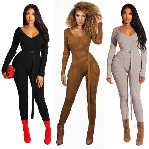 Sexy Ribbed V Neck Sweater Jumpsuit Rompers with Belt
