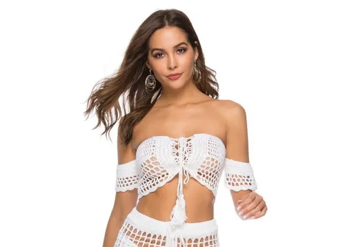 White Crochet Off Shoulder Lace Up Crop Top