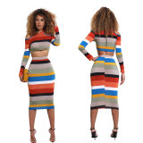 Wide Striped Cold Shoulder Crop Top and Midi Bodycon Skirt Set