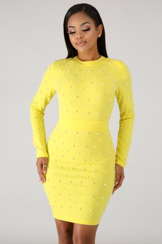 Yellow Beaded Slinky Mini Dress