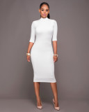 half-collar three-quarter sleeve white backless lace cross-linking sexy midi dress