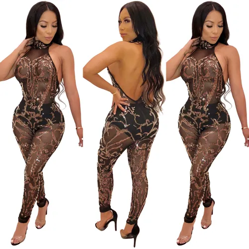 Women's Sexy See Through Backless Mesh Sequins Jumpsuit Clubwear