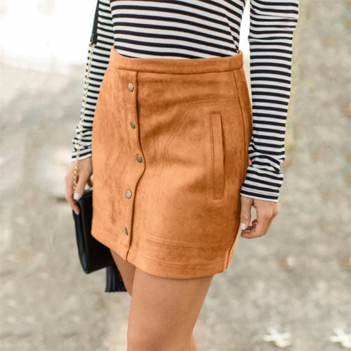 Brown Women's Button Up Plain A-Line Mini Skirt