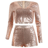 Women's Sequins Crop Top and Shorts Pants Set Sexy Two Piece Set Outfits