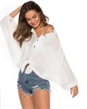 White Button up Batwing Sleeve Blouse Beach cover up