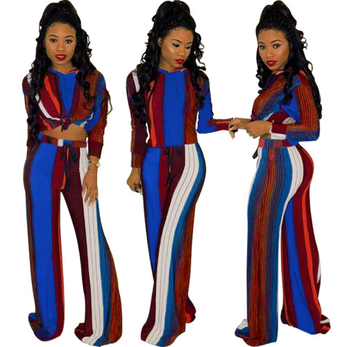 Vertical Striped Hooded Top and Wide Leg Pants Set Two Piece Outfits