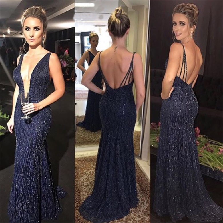 navy fishtail prom dress