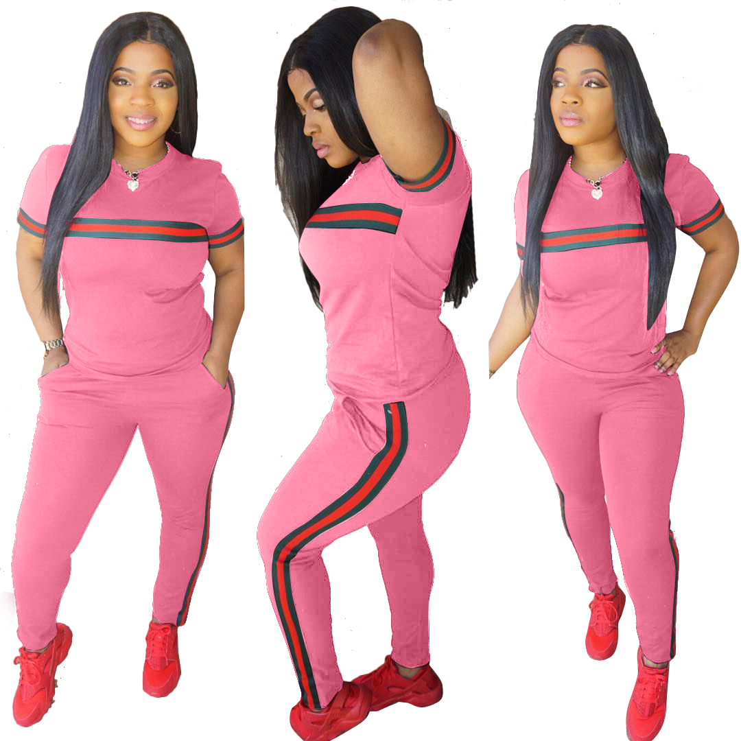 Women's Short Sleeve T Shirt and Long Tight Pants Set with Striped Trim