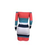 Ribbed Off Shoulder Buttoned Color Block Dress