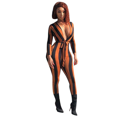 Wide Stripe Low Cut Waist Tie Jumpsuit