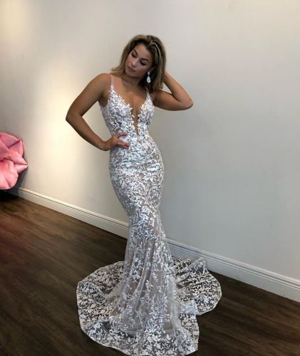 White Lace Straps Plunge Mermaid Wedding Dress