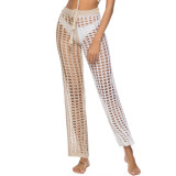 Hollow Out Crochet Beige White Split Colored Straight Pants