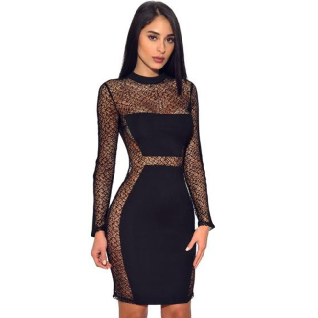 Black Lace Insert Long Sleeve Club Dress