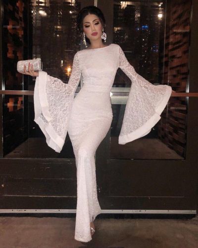White Lace Bell Sleeve Boat Neck Evening Dress