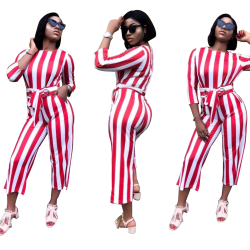 Red and White Striped Jumpsuit Rompers with Belt