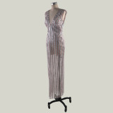 Striped Sequin Deep V Long Prom Dress