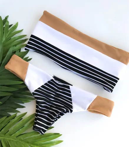 Sexy Spliced Stripe Bandeau Bikini Set