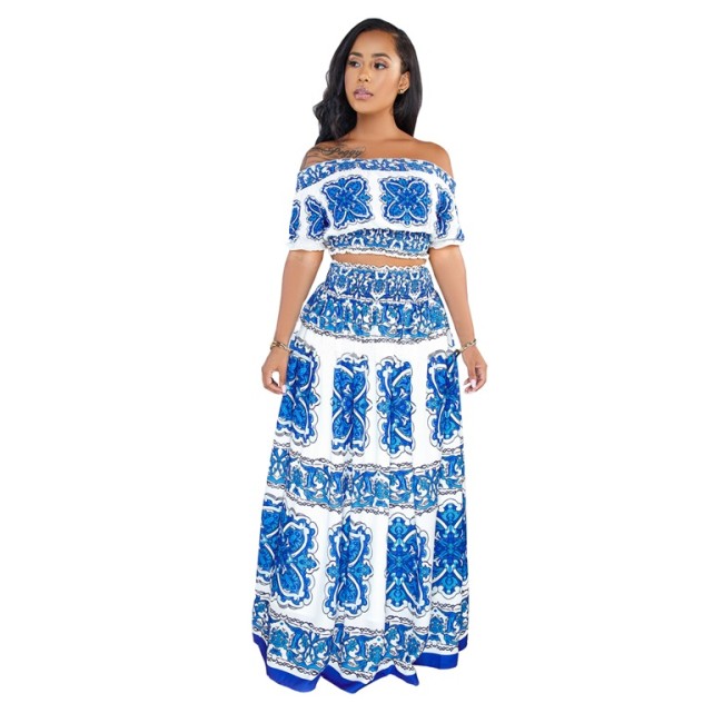White Blue Printed Two Piece Long Skirt Set