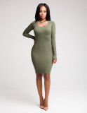 Backless Dropped Waist Styles Army Green Round Collar Long Sleeves Sexy Bodycon  dress