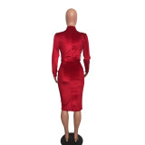 Red Sexy Long Sleeve V Neck Midi Dress with Belt