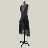 Black Lace Plunge Halter Irregular Flounce Dress