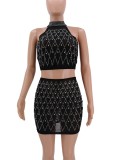 See Through Crystal Mini Skirt Two Piece Set