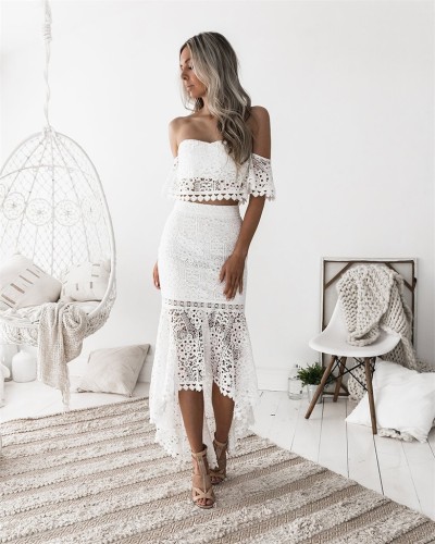 White Lace Crop Top and High Low Skirt Set