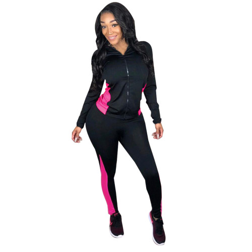 Color Block Tracksuit Zipper Hoodie and Pants Outfits Two Piece Sportswear