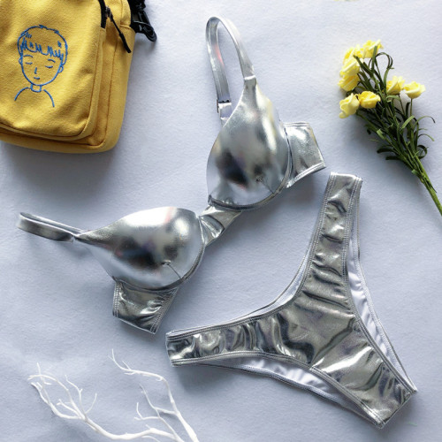 Glossy Faux Leather Moulded Cup Bikini Set