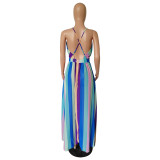 Striped Deep V Backless Chiffon Cami Maxi Dress