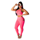 Solid Color Ripped Two Piece Pants Set