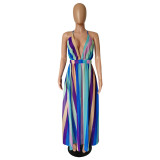 Striped Deep V Backless Chiffon Cami Maxi Dress