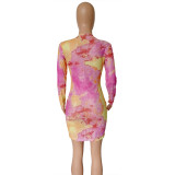 Tie Dye Print Mesh Long Sleeve Bodycon Dress