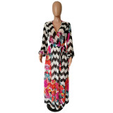 Black White & Flower Print Wrap Maxi Dresses