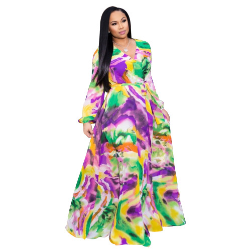 Multicolor Abstract Print Wrap Maxi Dress