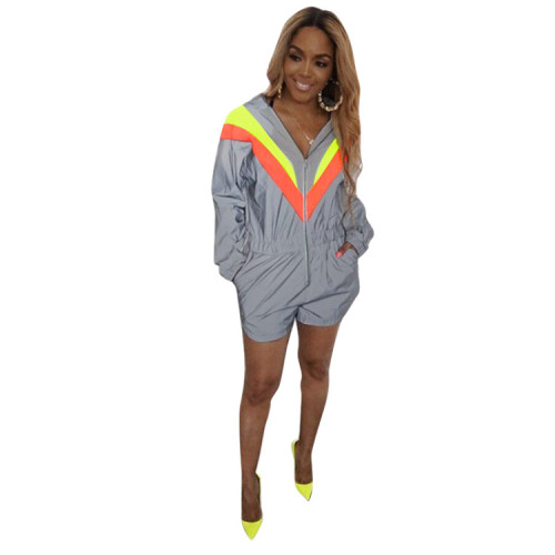 Contrast Color Casual Zip Up Hooded Romper