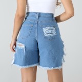 Distress High Low Fringe Denim Shorts