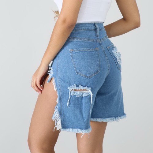 Distress High Low Fringe Denim Shorts