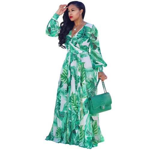 Leaf Print V Neck Long Sleeve Big Hem Maxi Dress