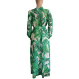 Leaf Print V Neck Long Sleeve Big Hem Maxi Dress