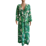 Leaf Print V Neck Long Sleeve Big Hem Maxi Dress