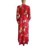 Floral V Neck Long Sleeve Big Hem Maxi Dress
