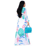 Floral V Neck Long Sleeve Big Hem Maxi Dress