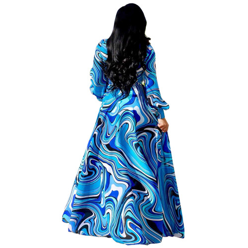 Printed V Neck Long Sleeve Big Hem Maxi Dress